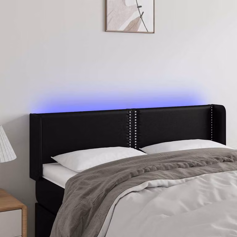 Testiera per letto vidaXL in similpelle nera con illuminazione LED e porta di ricarica USB, L: 147 cm, P: 16 cm, H: 78-88 cm