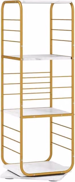Libreria girevole a 4 ripiani con rotazione a 360 gradi in metallo e MDF, Espositore compatto salvaspazio per casa e ufficio, Oro e Bianco, H: 115 cm, L: 40 cm, P: 40 cm – 1