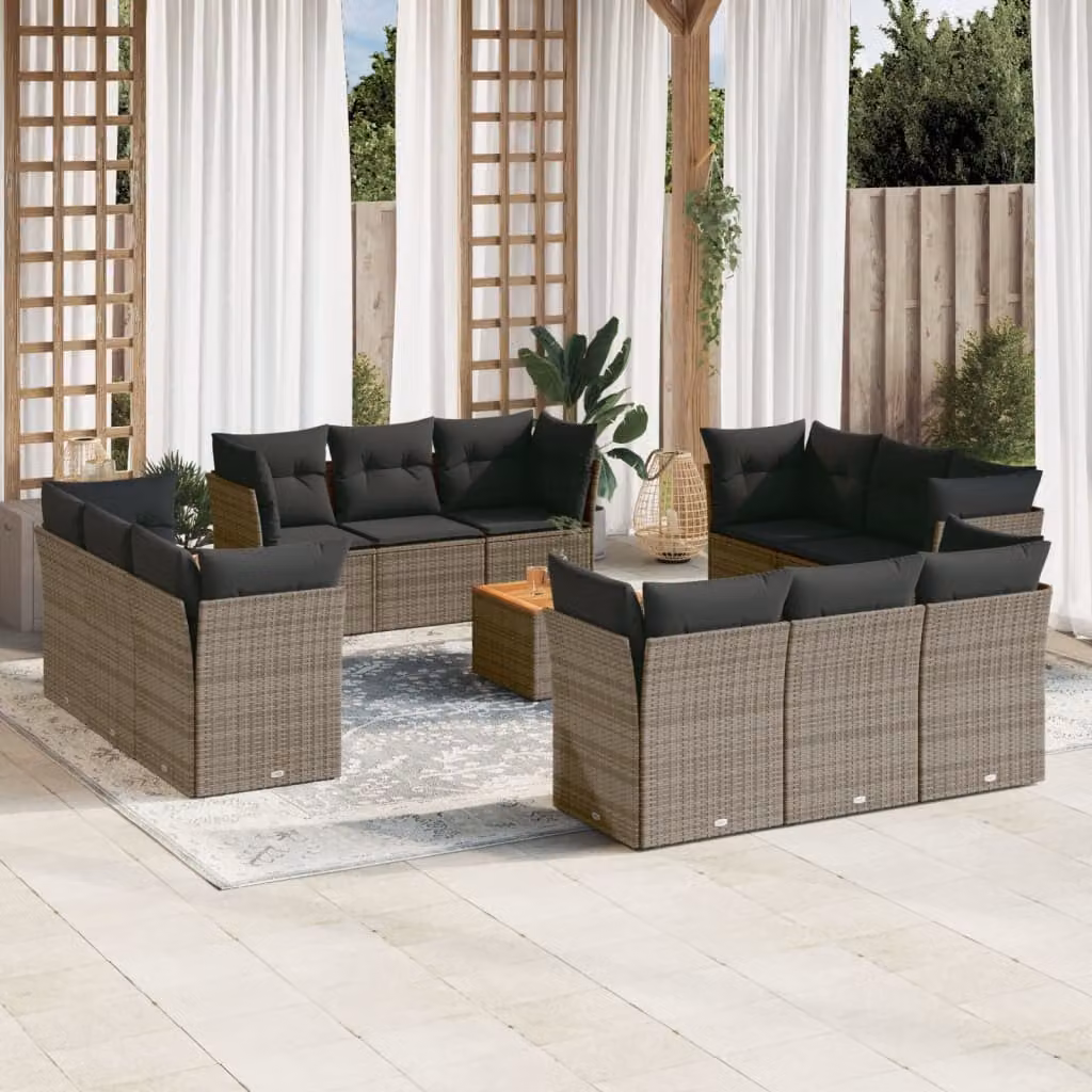 vidaXL Set Divani da Giardino 13 pz a forma a U in Polyrattan con Cuscini e Tavolino da Esterno, Grigio e Marrone – 1