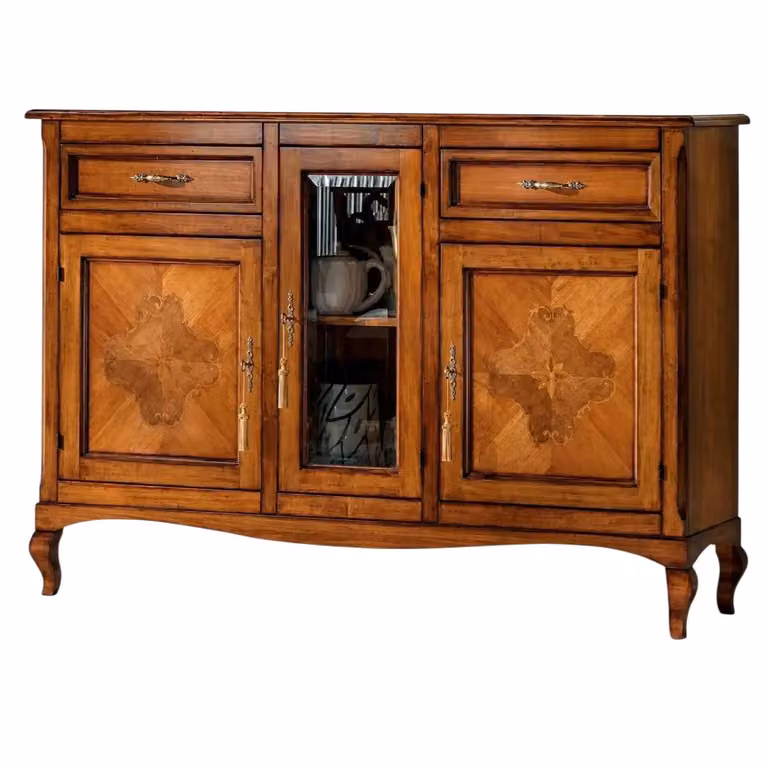 Credenza classica in legno di faggio con 3 porte e 2 cassetti Mobili 2G L: 165 cm, P: 49 cm, H: 113 cm