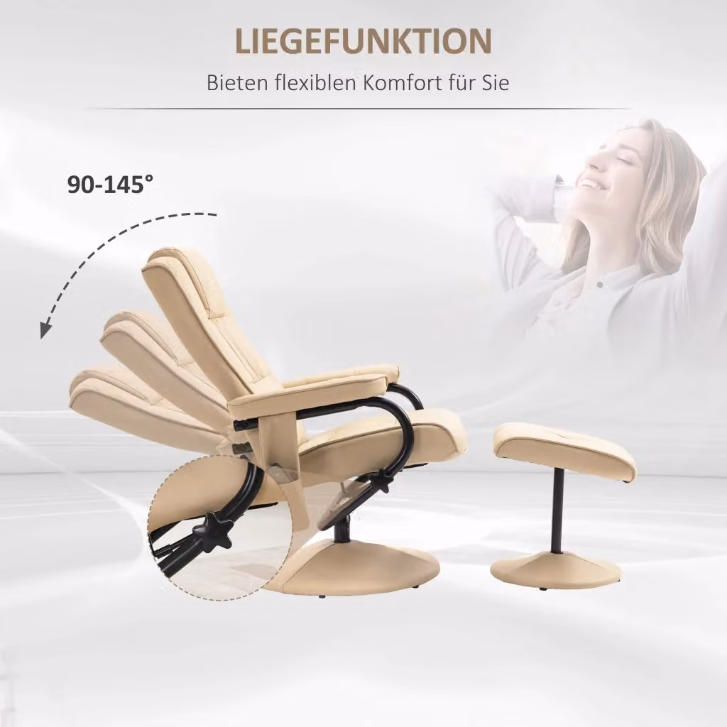 Poltrona massaggiante REDOM girevole a 360° con poggiapiedi, relax recliner in ecopelle bianco crema e struttura in metallo, L: 64 cm, P: 80 cm, H: 39 cm – 2
