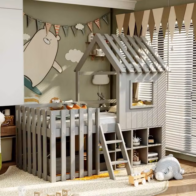 Letto a casetta per bambini 204.5x95x201 cm con spazio contenitore; legno grigio