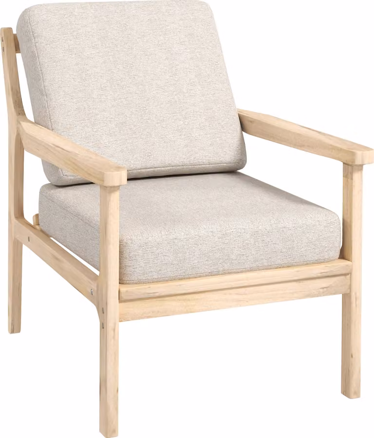 AIORBER Poltrona lounge moderna Poltrona relax con look lino, gambe in legno e cuscini sfoderabili, imbottita per soggiorno e camera da letto, beige