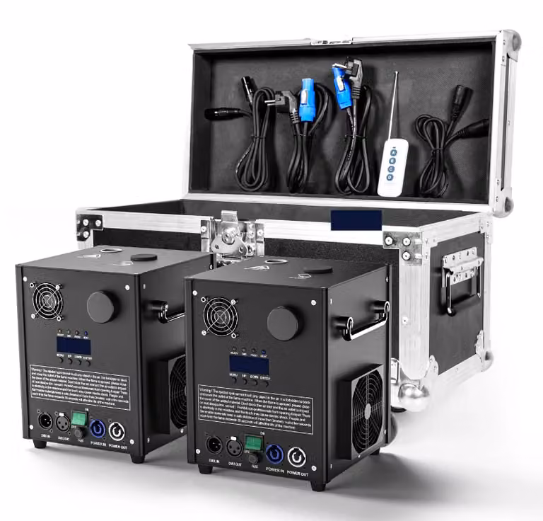 Macchina per effetti di scintille - Dispositivo per effetti scenici - 2 unità + 1 custodia di trasporto - 2 x 750 W - DMX512 - Altezza del getto: 2,5–5,5 m - 110/220 V