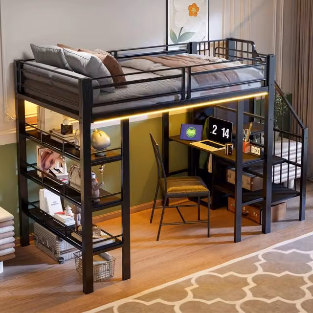 Letto a soppalco 90 × 200 cm con scrivania, armadio, mensole, LED e presa, senza materasso, in metallo nero