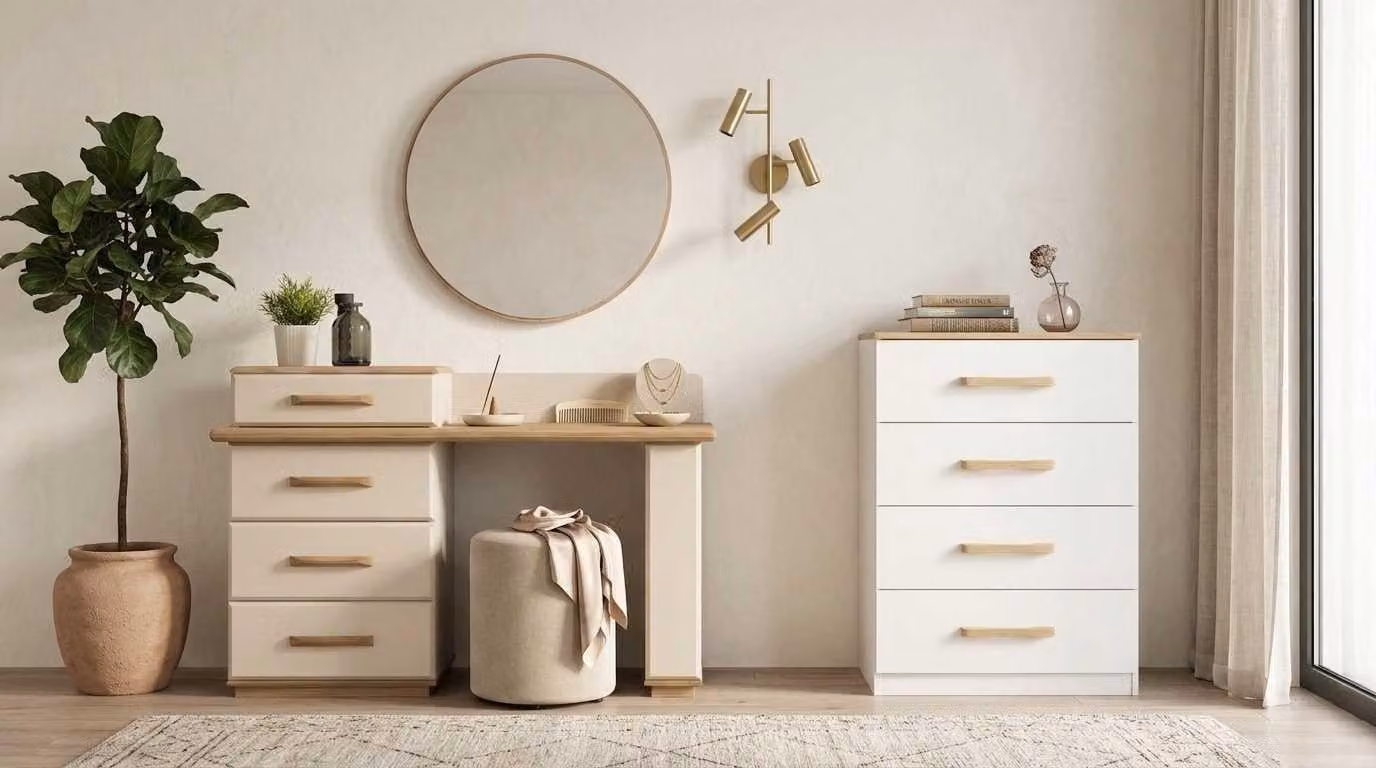 Set per camera da letto beige, moderno, composto da: tavolo da trucco, specchio, comò