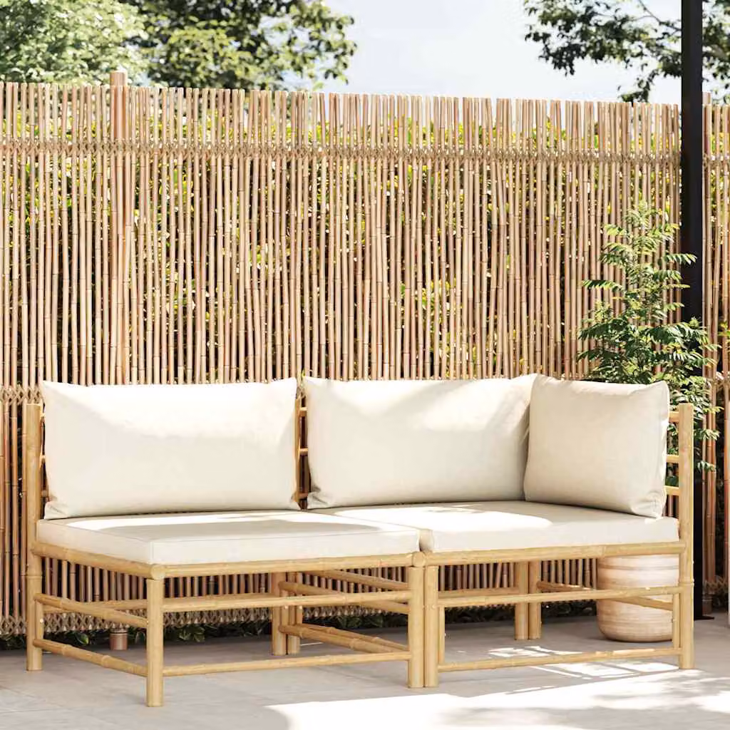 vidaXL Set di Divani da Giardino a L con Cuscini in Bambù, Colore Bianco e Beige – 1