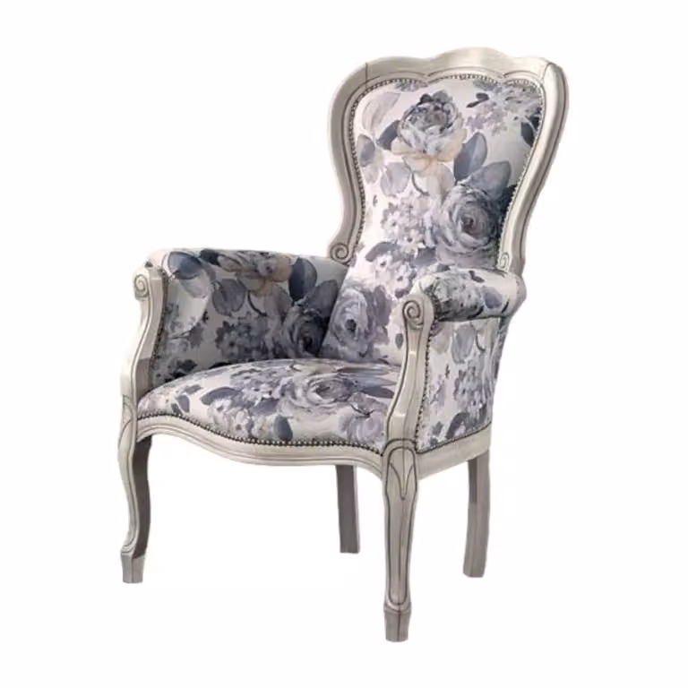 Poltrona shabby chic in legno di faggio bianco intagliato con decorazioni floreali Mobili 2G L/P/H: 65 x 52 x 104 cm
