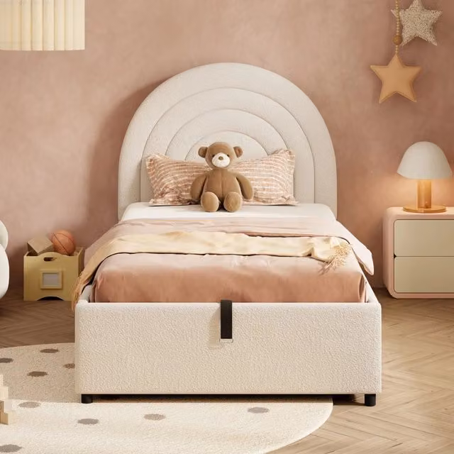 Letto Singolo Imbottito con Testiera e Rete a Doghe ¨C MINIMAL ¨C Boucle Beige 90x200