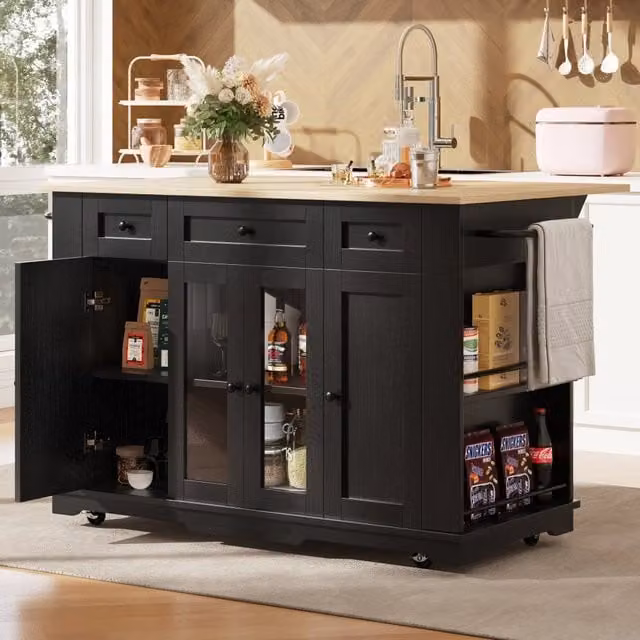 Carrello da cucina con piano pieghevole, cassetto e ripiani regolabili, vetro temperato, nero naturale, 151.5 × 60 × 91.7 cm