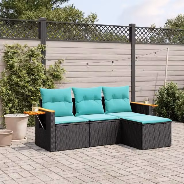 Set Divani da Giardino 4 pz con Cuscini Nero in Polyrattan 3226743