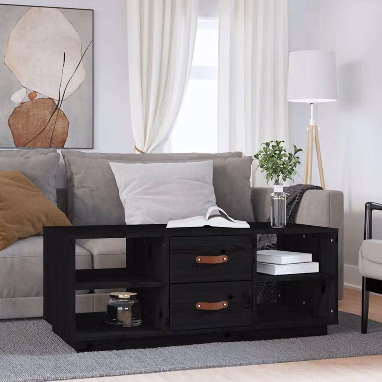 vidaXL Tavolino da Salotto Moderno in Legno Massello di Pino Nero L: 100 cm, P: 50 cm, H: 41 cm