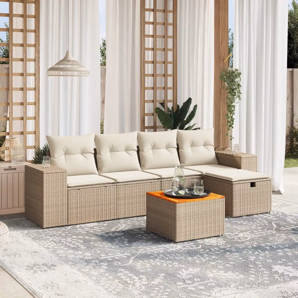 Set Divano da Giardino a L vidaXL 6 pz con Cuscini Beige e Struttura in Acciaio e Acacia – 1