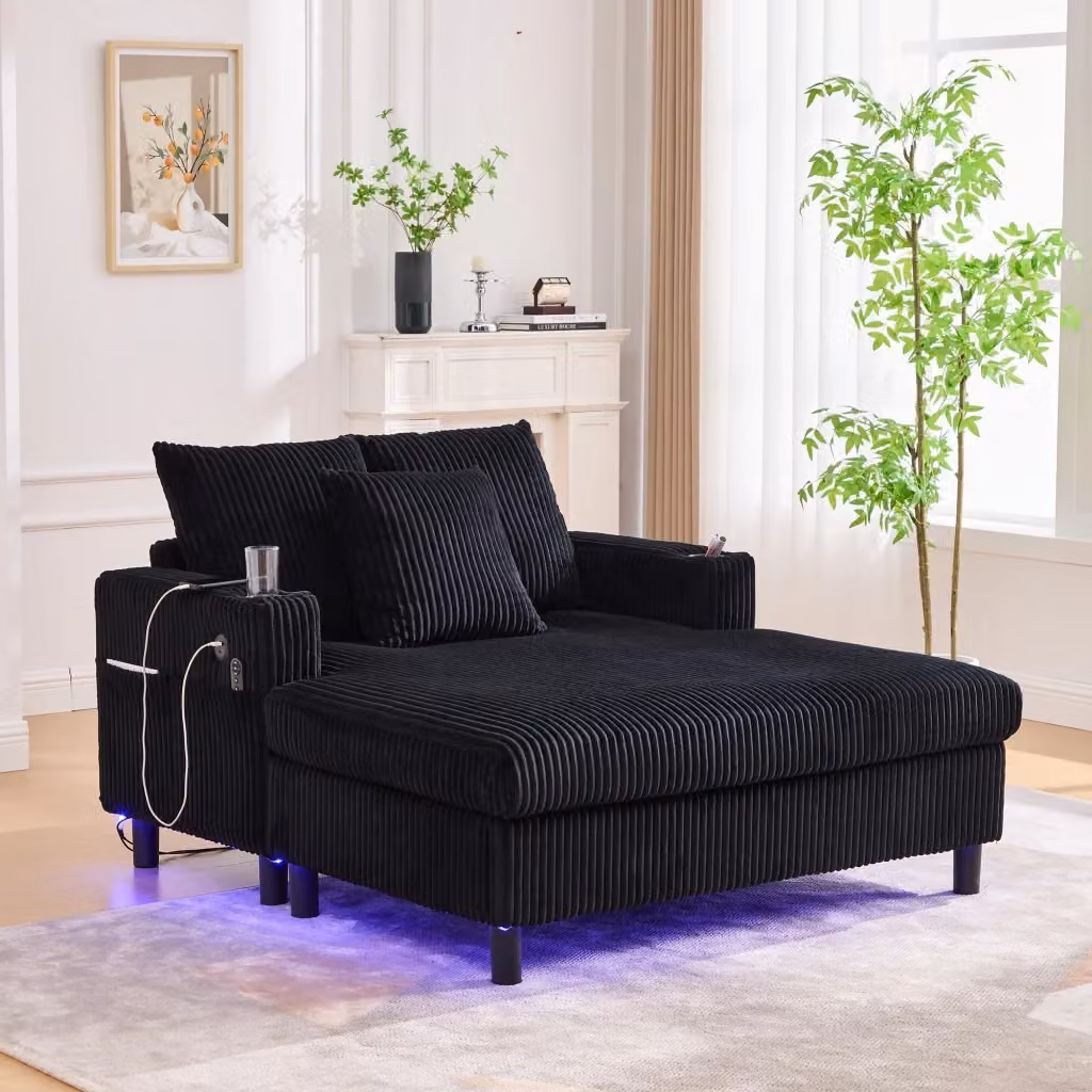 Poltrona Relax Chicfurn in Velluto a Coste Nero con LED, USB e Portabicchieri, L/P/H: 142 x 128 x 85 cm – 2
