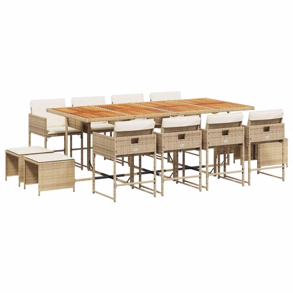Set da Pranzo da Giardino 13 pz con Cuscini Beige in Polyrattan