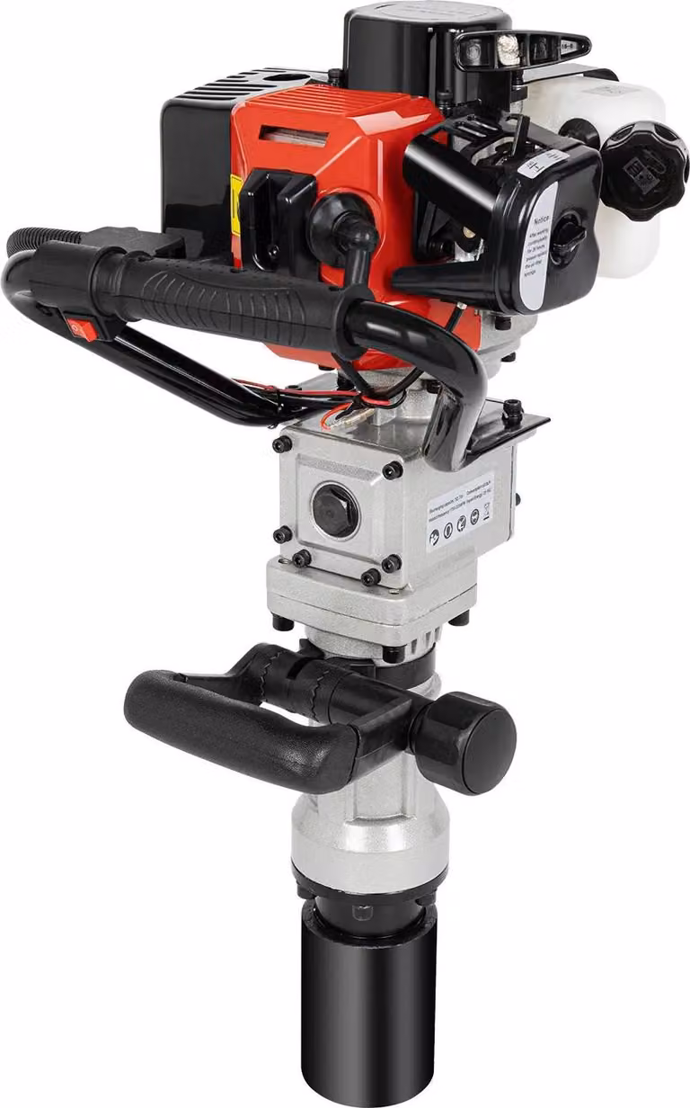 Compattatore a percussione mobile - Compattatore per pali a benzina - Motore a 2 tempi da 32,6 cc, 0,9 kW, 8500 giri/min - Energia di impatto: 20–45 J - Ideale per la costruzione di recinzioni, agricoltura, edilizia e giardinaggio - Colore: rosso/nero
