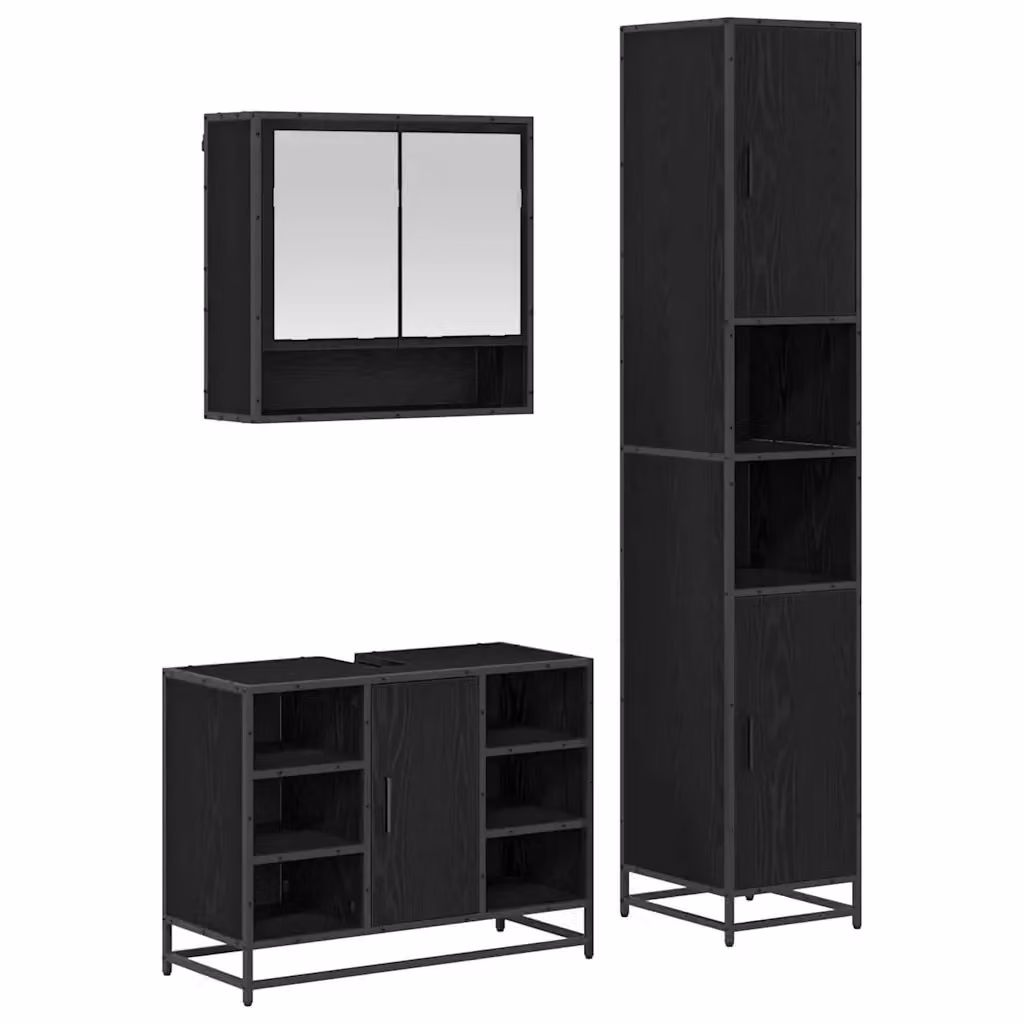 Set di mobili per il bagno moderno vidaXL in 3 pezzi, colore nero e rovere, con armadietto a specchio, mobile lavabo e colonna alta – 2