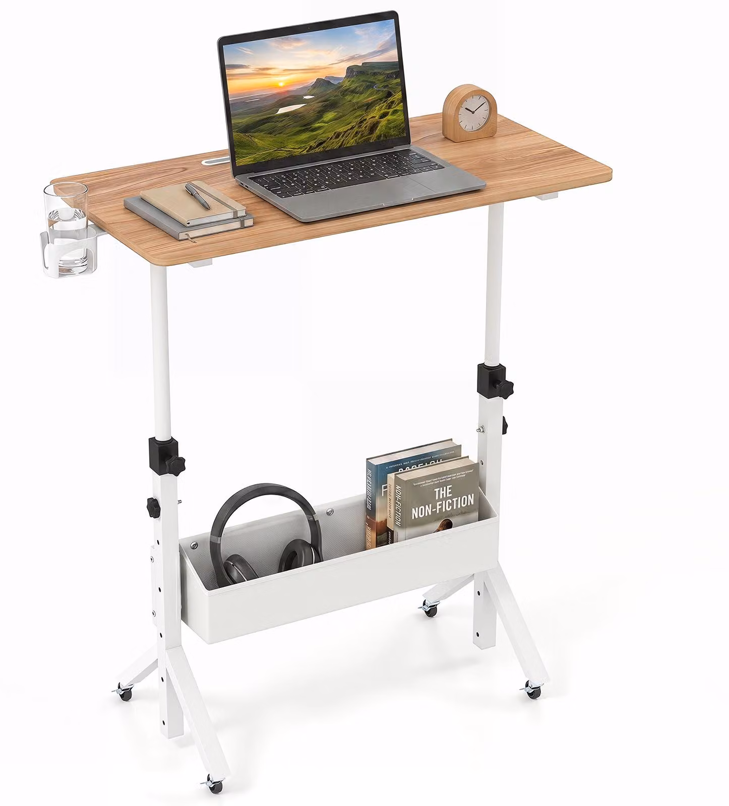 COSTWAY, scrivania regolabile in altezza da 70 a 117 cm, scrivania mobile su ruote con cesto in tessuto, fessura per tablet e portabicchieri girevole, scrivania per laptop da utilizzare in piedi o seduti