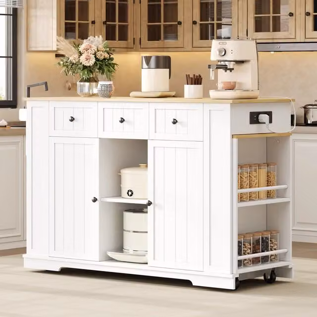 Carrello da cucina con ruote e tavolo estraibile, 2 ante, 2 cassetti e prese USB, bianco naturale, 138 × 55 × 93 cm
