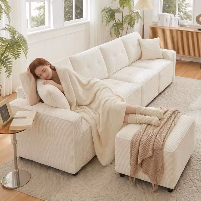 Divano 4 posti con contenitore e poggiapiedi ¨C Minimal ¨C Beige velluto 280x146x85 cm