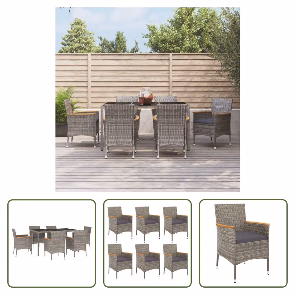 The Living Store Set da pranzo da giardino 7 pezzi con cuscini in poly rattan grigio