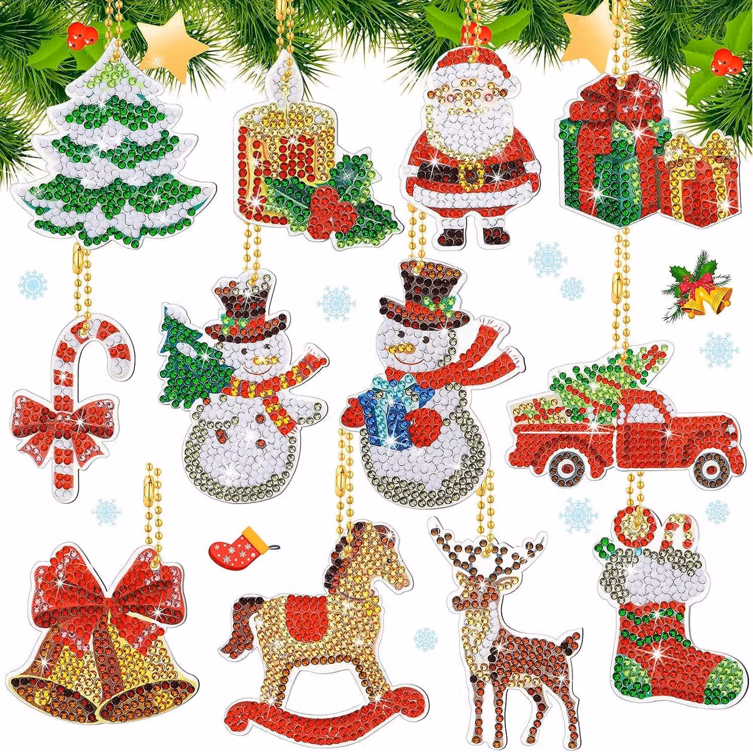 12 Set 5D diamante pittura di Natale, Natale diamante pittura ciondolo, Natale pittura kit fai da te diamante pittura portachiavi