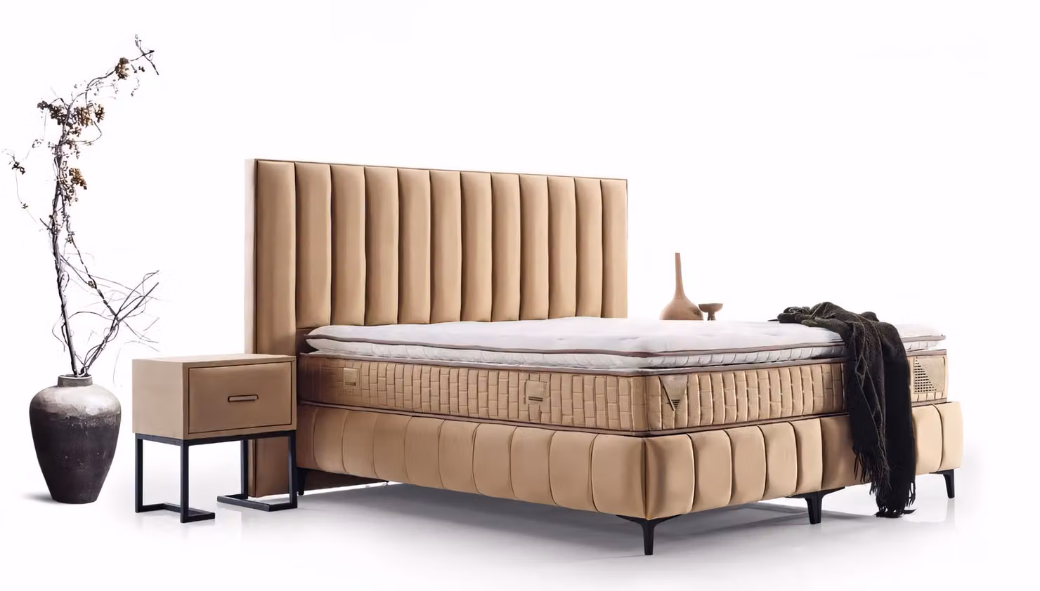 Bett im eleganten Beige mit feiner Steppung und stilvollem Erscheinungsbild