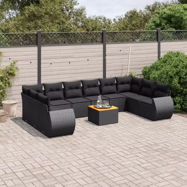 Set di divani da giardino VIDAXL a forma di U composto da 11 pezzi in polyrattan nero con cuscini inclusi – 1