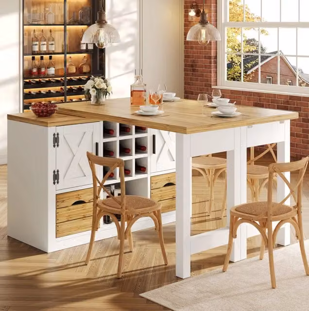 Tavolo da pranzo estensibile 120-197 cm con sideboard girevole a 360°; MDF bianco