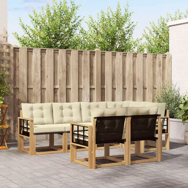 Set di divani da esterno vidaXL a forma di L composto da 7 pezzi in legno di acacia con cuscini in tessuto bianco, beige e marrone