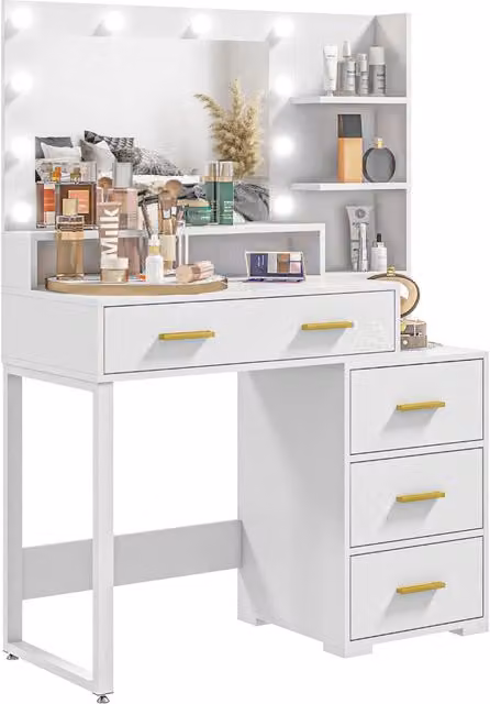 Tavolo da Trucco Moderno GIORDANOSHOP in Legno Laccato Bianco con Specchio Hollywood LED, L: 100 cm, P: 40 cm, H: 138 cm