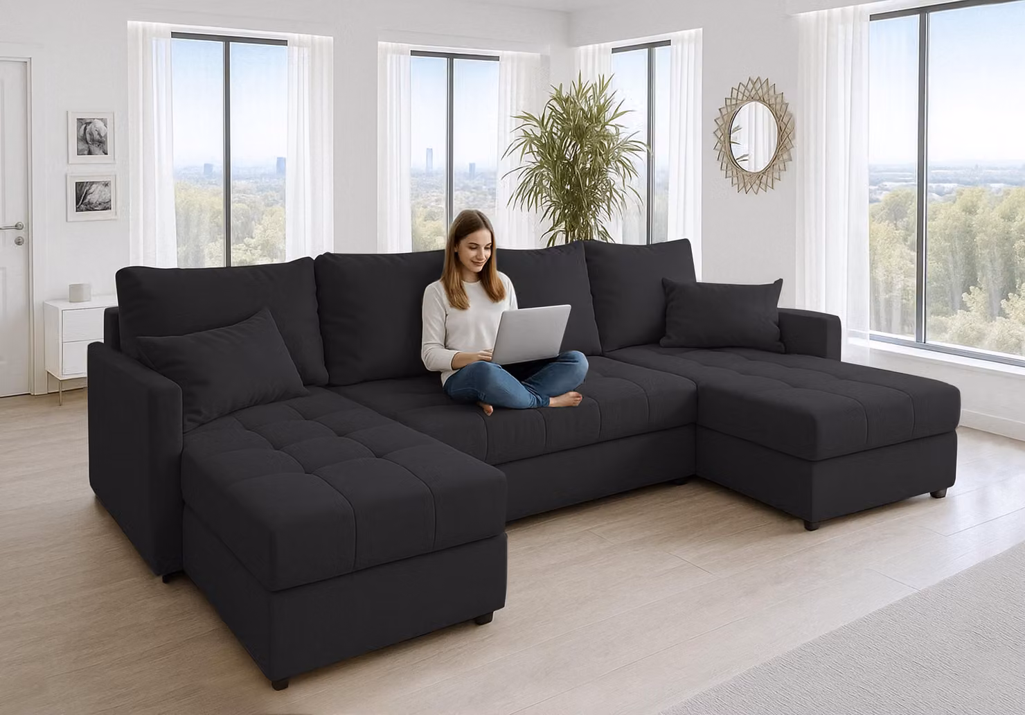 AX LIVING Divano angolare grande Dolceo 287 cm - Divano nero con funzione letto