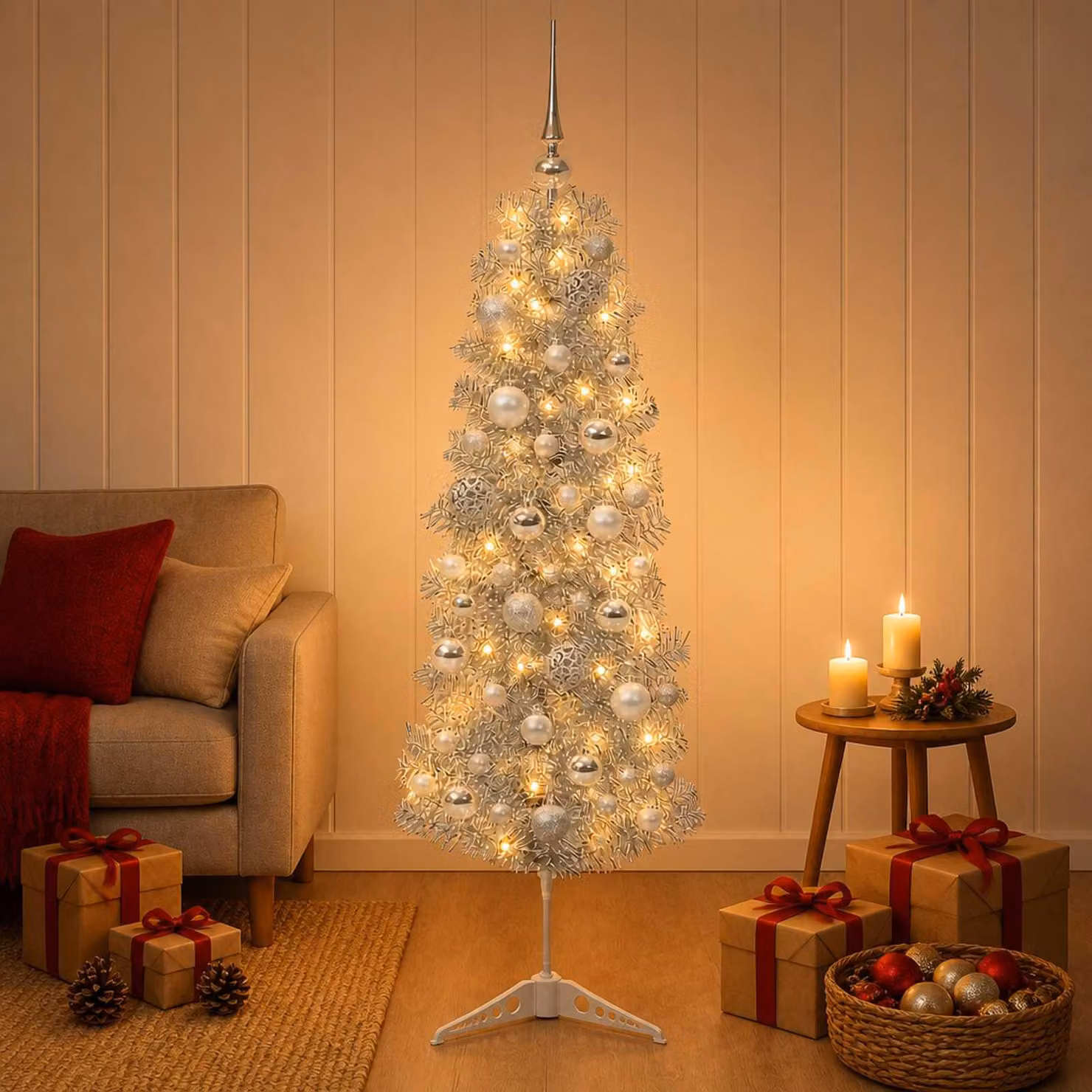 Albero di Natale artificiale, sottile, con decorazioni a forma di pallina, altezza 150 cm
