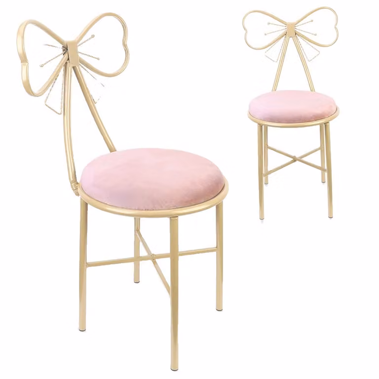 Sgabello da toilette, schienale a farfalla, tessuto di velluto, rosa