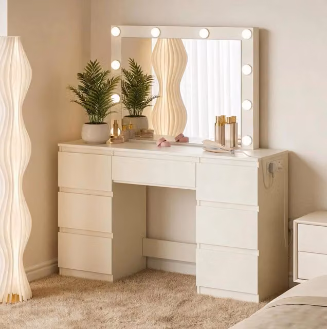 Toeletta 110x39,5 cm bianca in legno ingegnerizzato con 7 cassetti e specchio LED