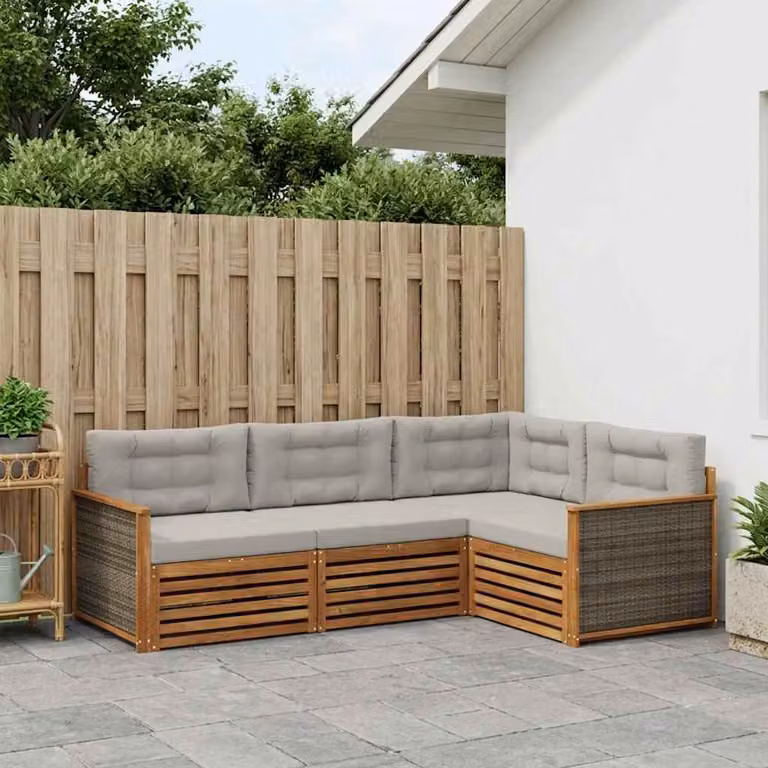 Set di divani da esterno vidaXL a forma di L in legno di acacia con cuscini, beige e grigio