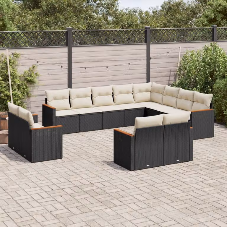 vidaXL Set di Divani da Giardino a Forma di U con 12 Pezzi, Polyrattan e Cuscini Neri e Bianchi, Struttura in Acciaio Verniciato a Polvere