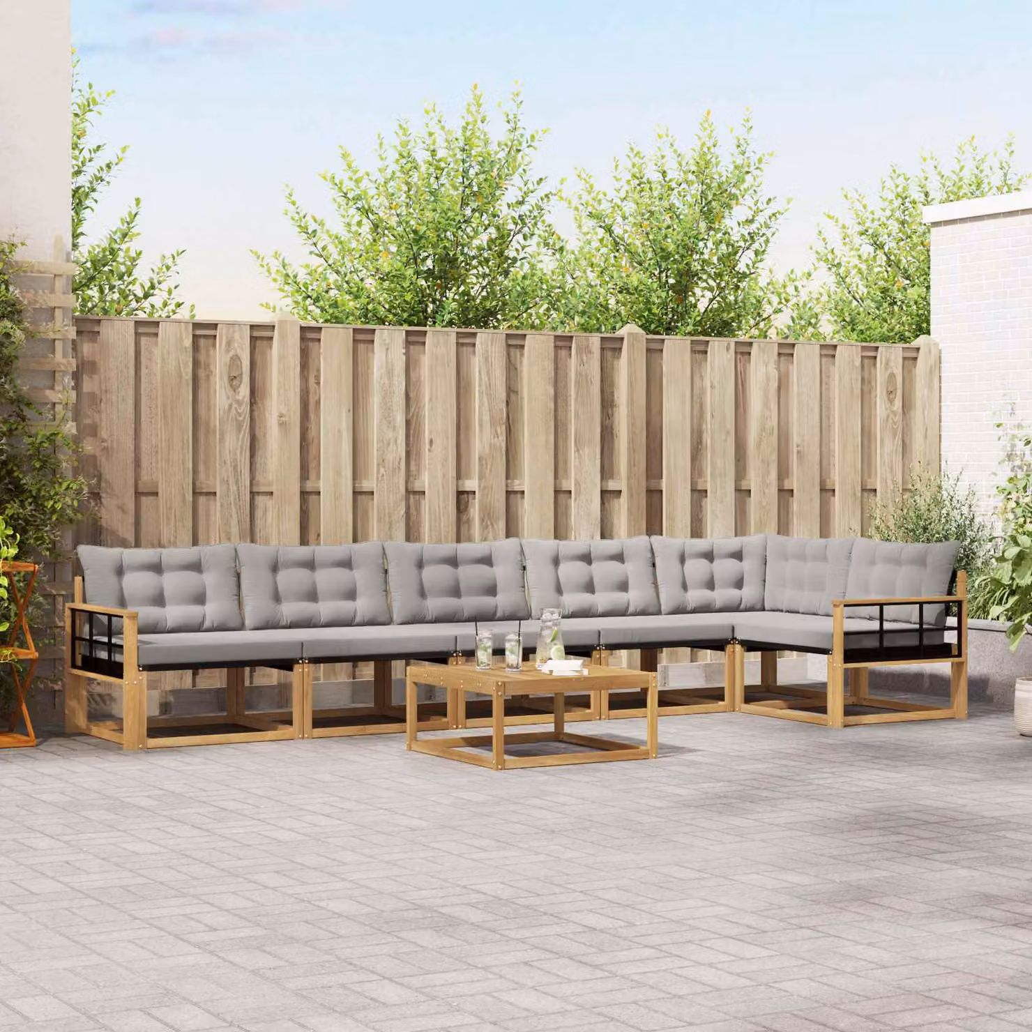Set di divani da esterno vidaXL a forma di L composto da 7 pezzi con tavolino da caffè, in legno di acacia trattato, colori bianco, grigio e marrone