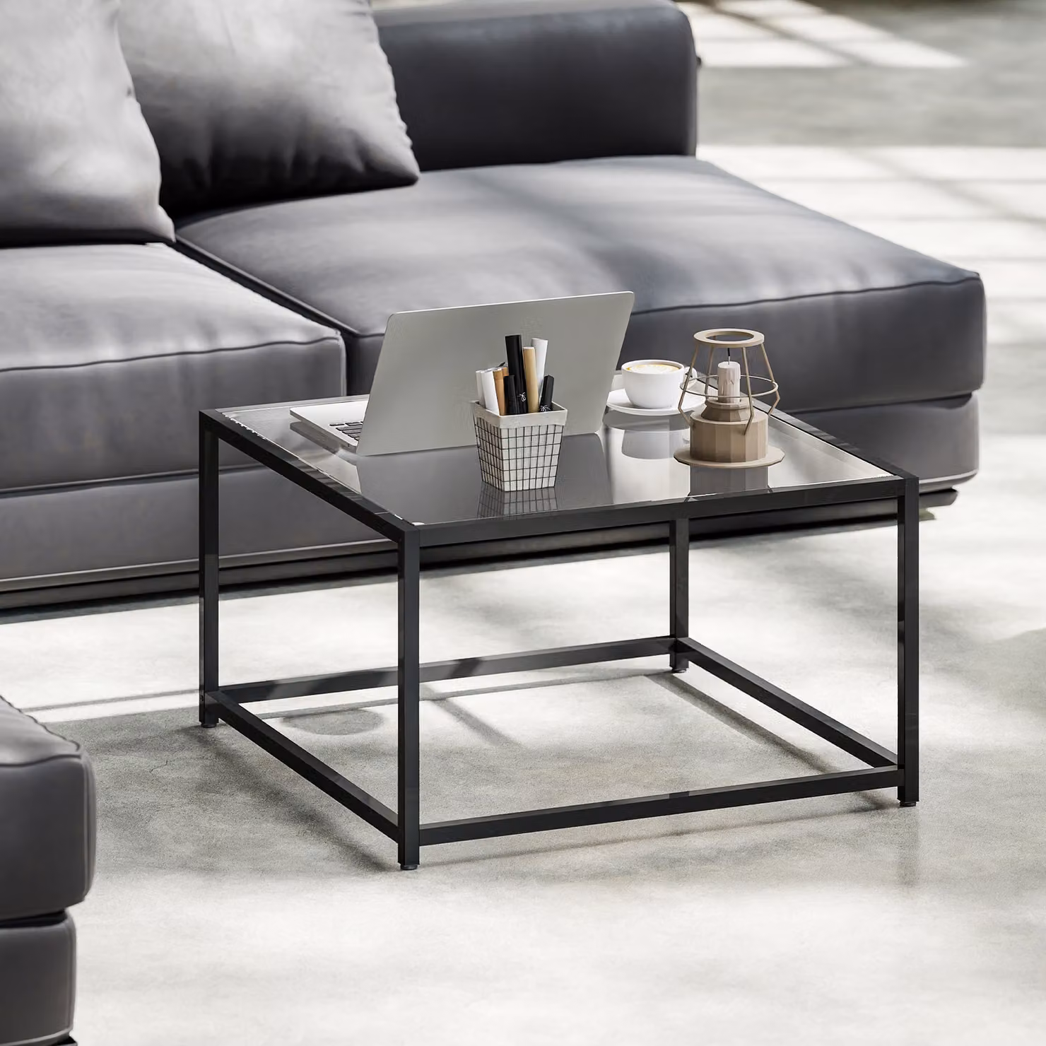 Tavolino quadrato HOMCOM in vetro temperato e acciaio, Nero, L/P/H: 68 x 68 x 39 cm – 2