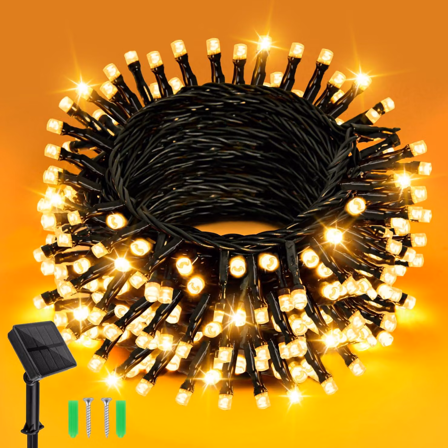 Catena luminosa solare, 5 metri, 50 LED, luce bianco caldo, grado di protezione IP65, 8 modalità