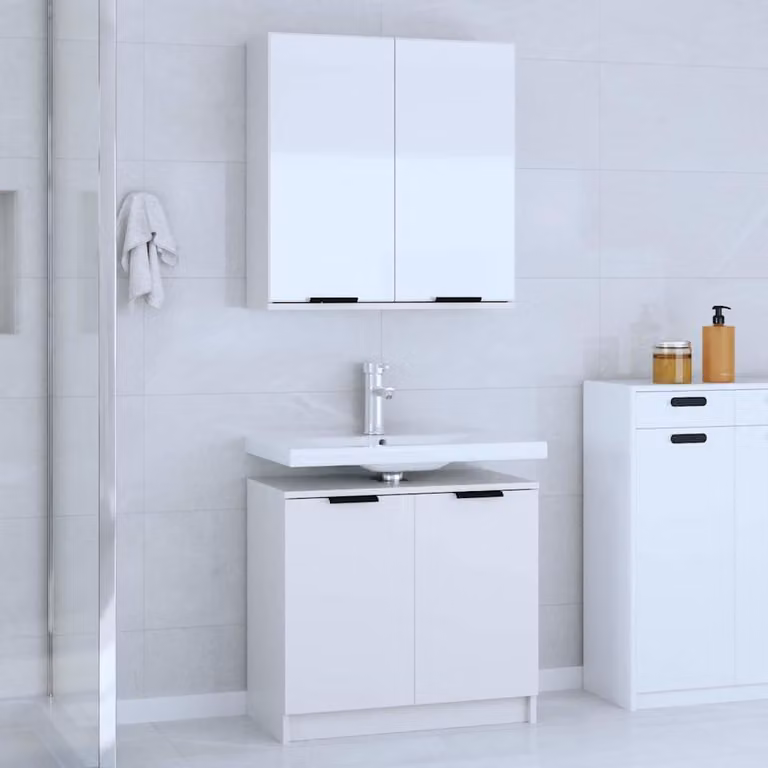 Set di mobili da bagno moderno vidaXL composto da mobile lavabo e armadietto con specchio in legno bianco lucido L/P/H: 64,5 x 33,5 x 59,0 cm