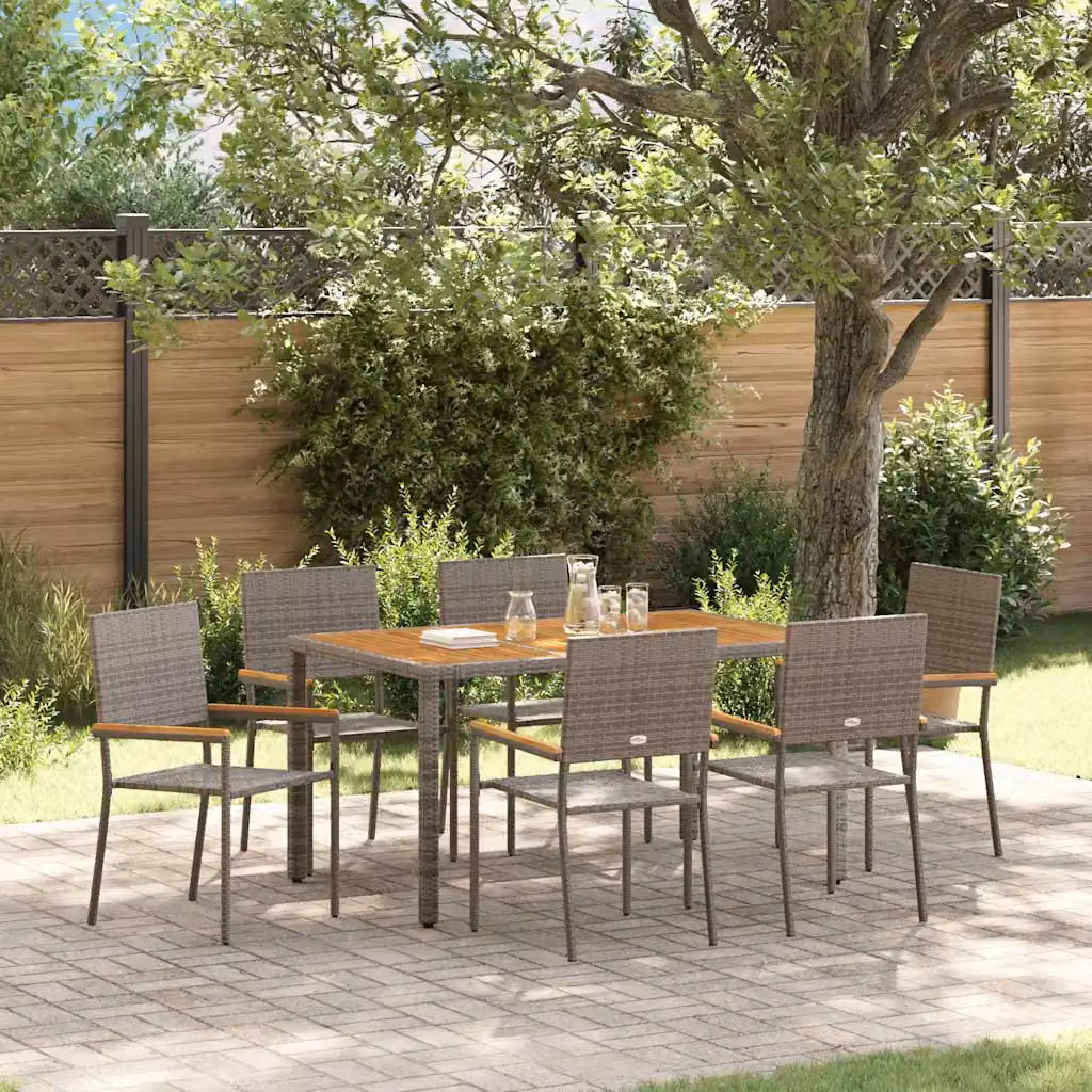 Set da pranzo per giardino e terrazza vidaXL in polyrattan e legno di acacia, 7 pezzi, Grigio e Marrone
