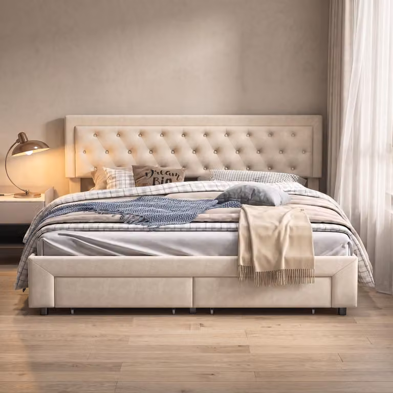 Letto matrimoniale imbottito con box contenitore idraulico, 160 x 200 cm, con 2 cassetti, letto contenitore, letto imbottito per ragazzi, in velluto, color beige