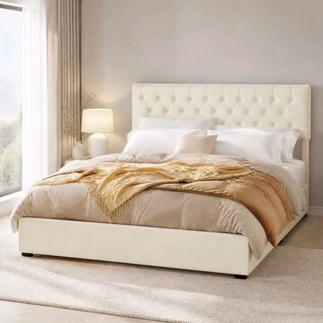 Letto matrimoniale 160x200 cm con testiera alta e spazio sottostante; beige