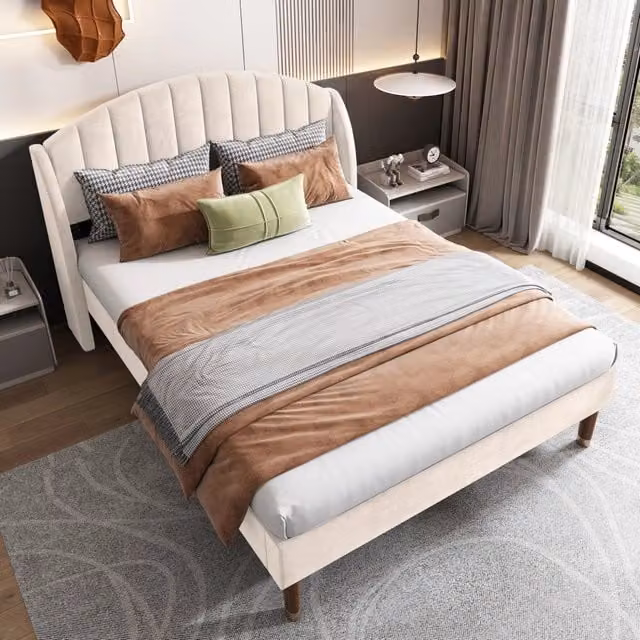 Letto imbottito Mivray in velluto beige con rete a doghe in legno L/P: 140 x 190 cm – 1