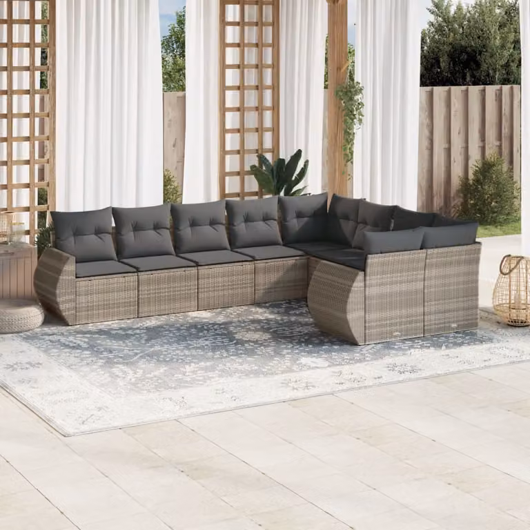vidaXL Set Divano da Giardino a L in Polyrattan con Cuscini Grigio Chiaro e Struttura in Metallo, 9 Pezzi