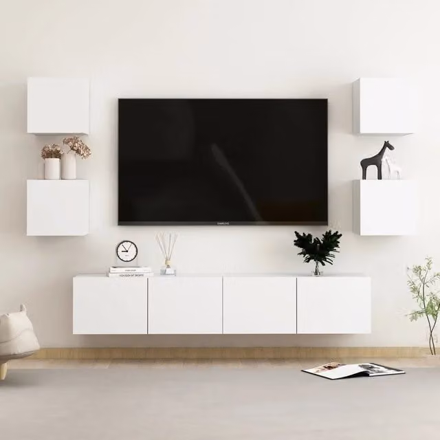 Set di mobili porta TV moderno vidaXL in legno bianco opaco, 6 pezzi da appendere alla parete