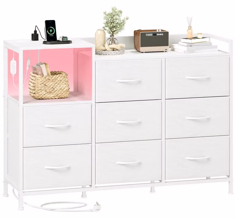 Comodino con 8 cassetti rivestiti in tessuto, illuminazione LED e presa multipla, colore bianco, dimensioni 99B x 70,5H cm
