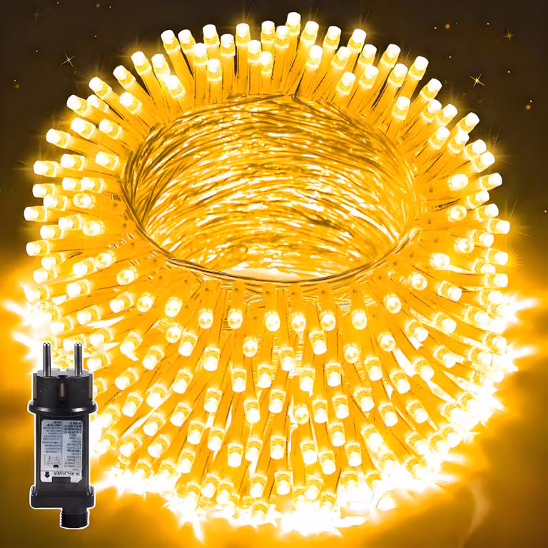 Catena luminosa da 30 metri, con 300 LED a luce calda, grado di protezione IP44, timer e 8 modalità
