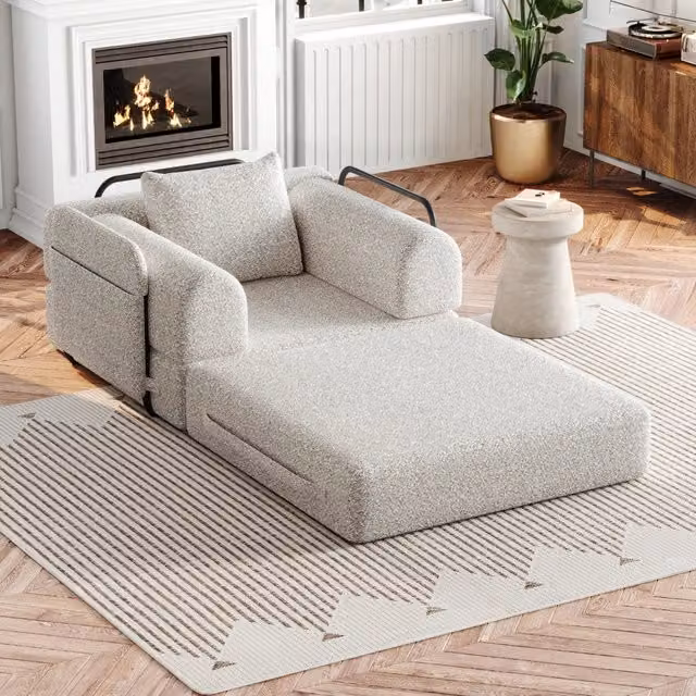 Poltrona letto Mivray moderna con braccioli e struttura in metallo, disponibile in verde o beige